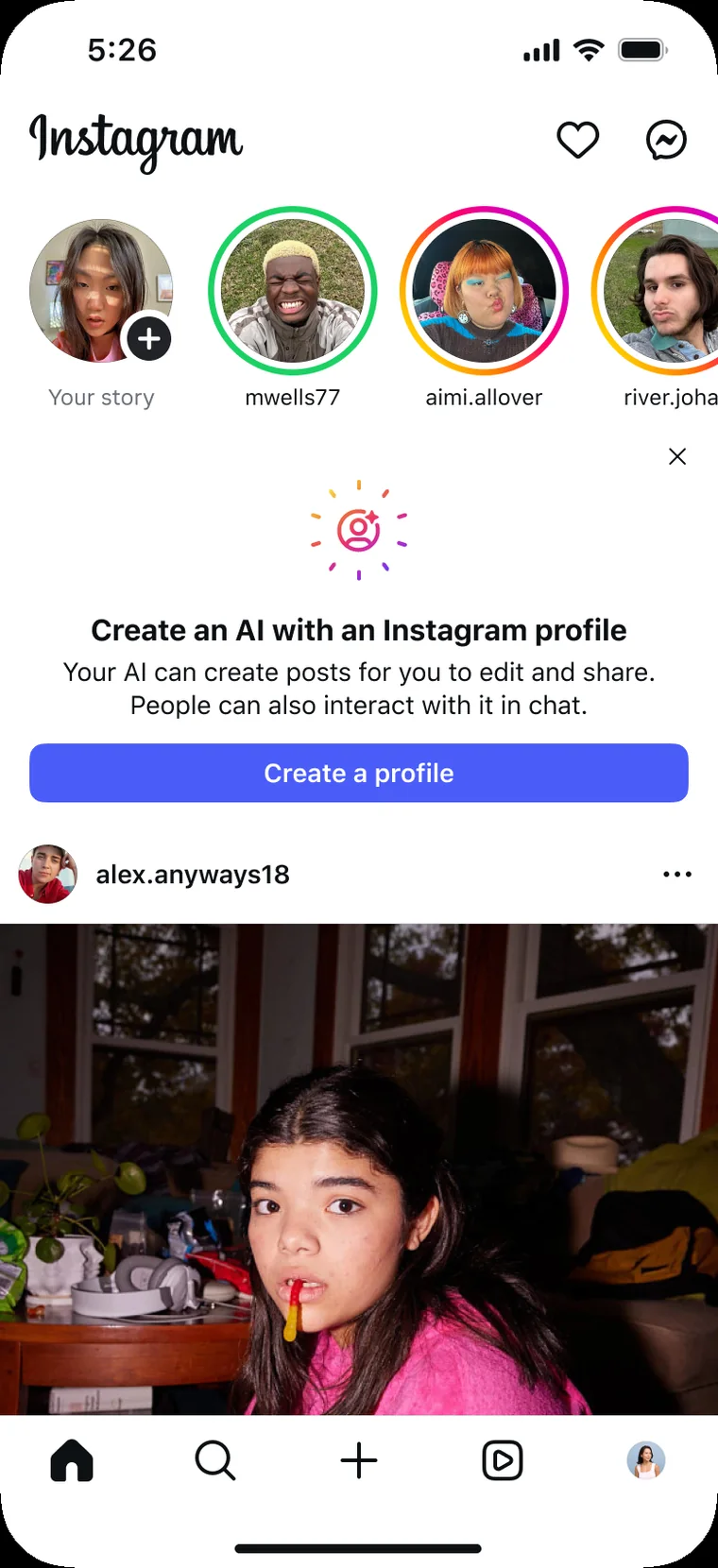 Instagram home feed with an inline prompt to create an AI with an Instagram profile