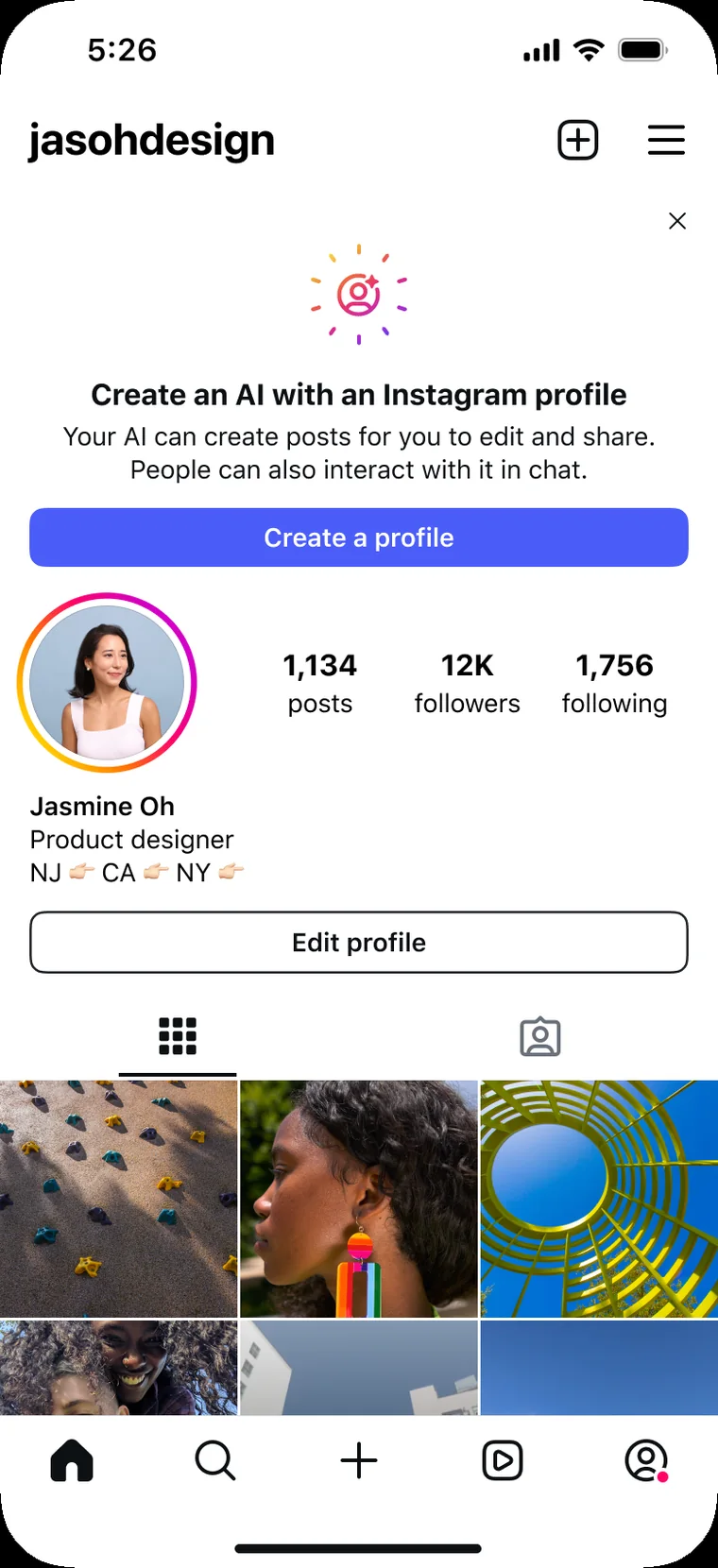 Instagram creator profile with an inline prompt to create an AI with an Instagram profile