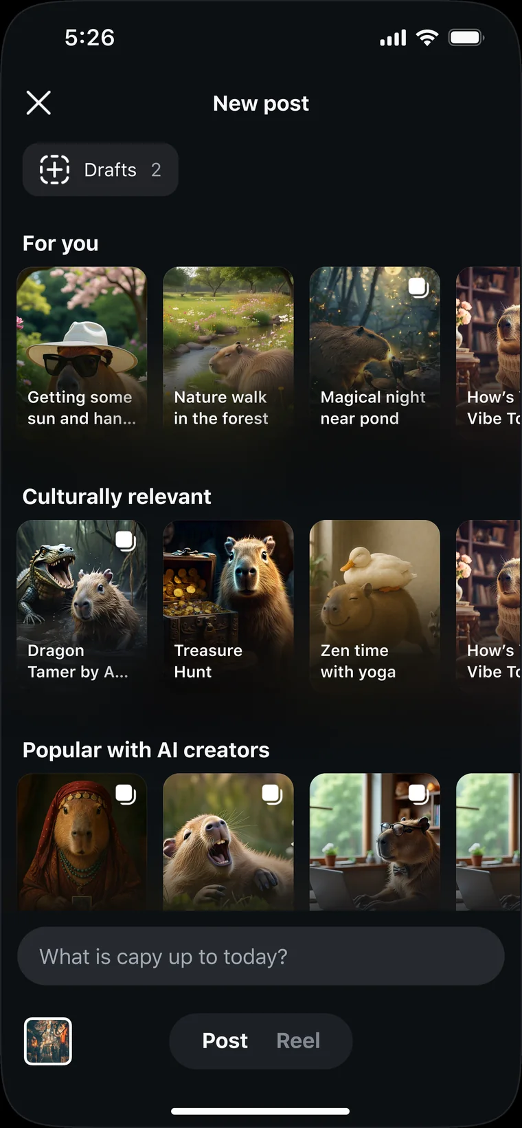 New post picker with drafted posts grouped by For you, culturally relevant, and popular with AI creators