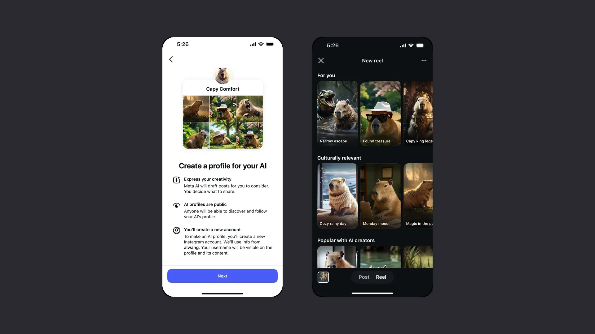 AI Profiles — profile creation onboarding and the new reel content picker on Instagram