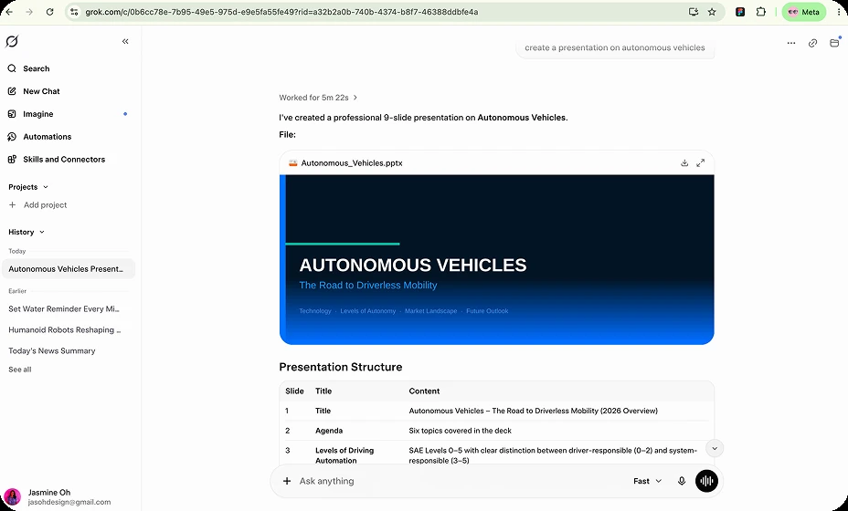 Grok returning a nine-slide autonomous vehicles deck as a downloadable file, with a slide-by-slide structure table below