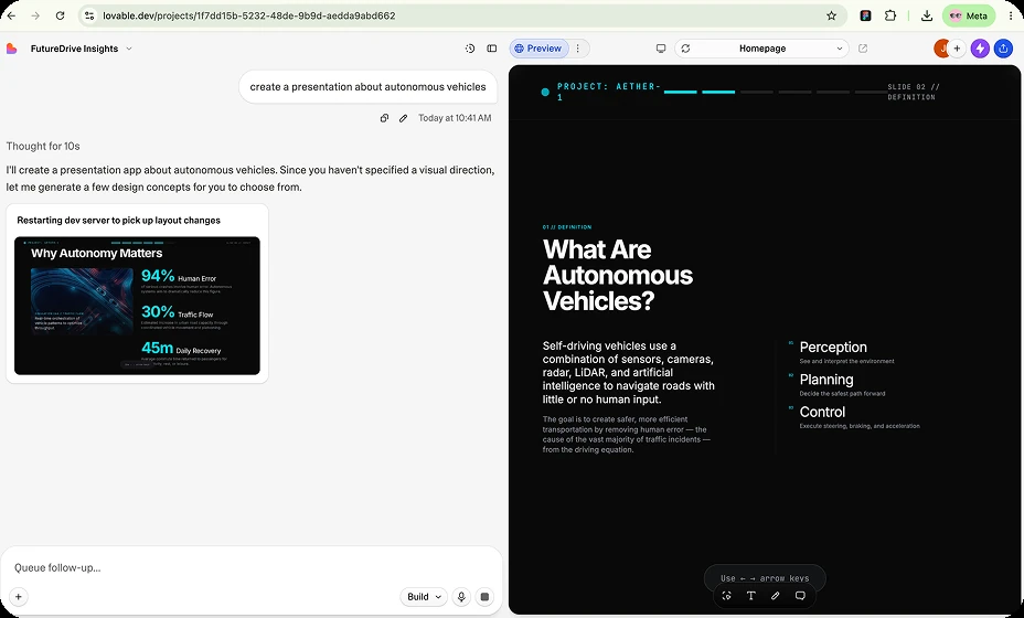 Lovable generating a presentation app about autonomous vehicles, with a rendered slide in the preview pane
