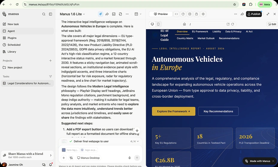 Manus building an interactive legal intelligence webpage on autonomous vehicles in Europe, with the agent log on the left and the live preview on the right
