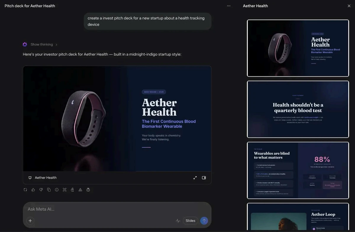 The same investor pitch deck generated by the updated pipeline — midnight indigo theme with a distinct type pairing and image style