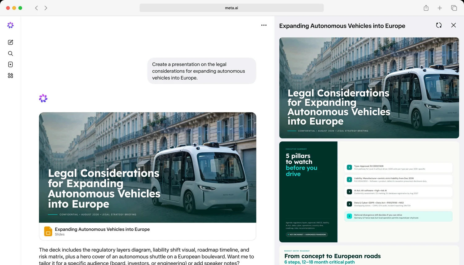 Meta AI generating a legal strategy deck — the prompt and artifact card on the left, slide previews on the right