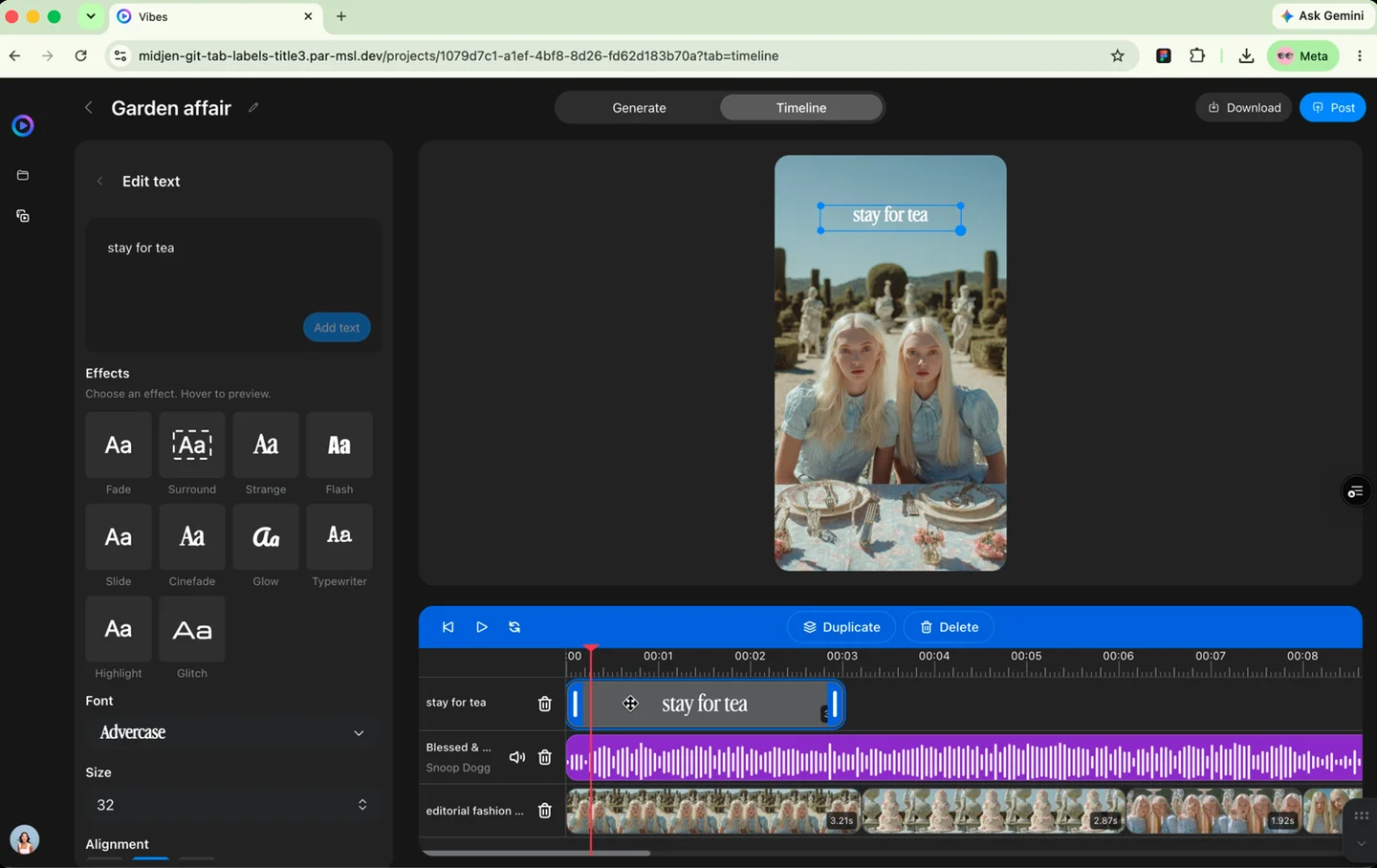 Vibes timeline view — adaptive edit panel on the left, preview and timeline tracks on the right