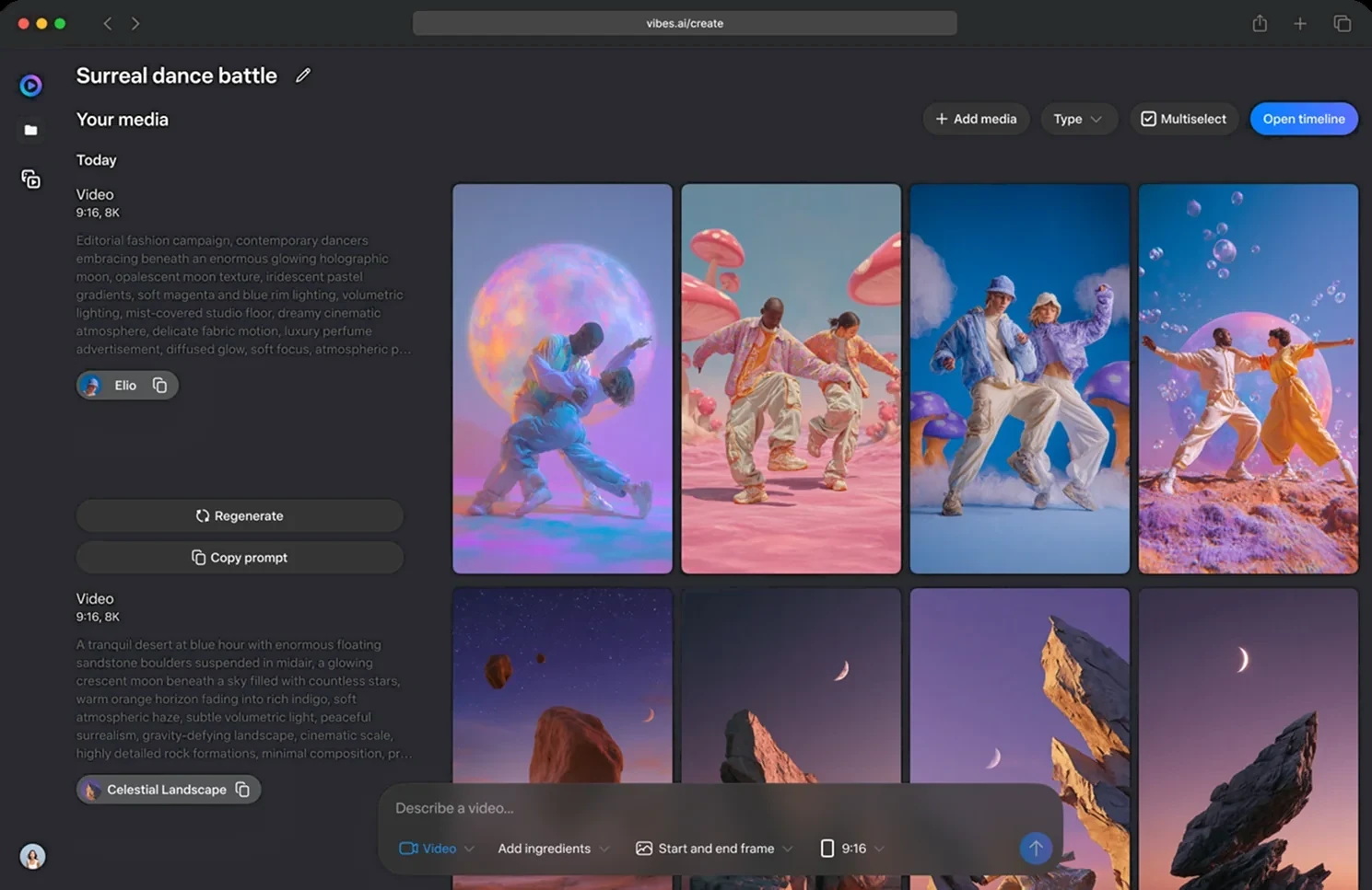 vibes.ai — project workspace with AI-generated video media